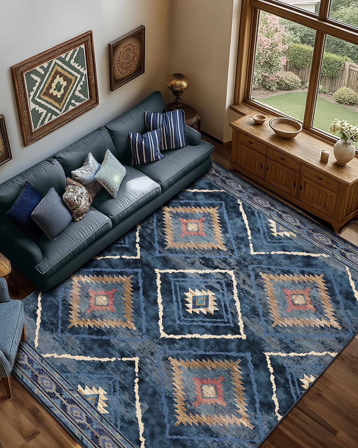 Area Rug 8x10 Rug Machine Washable Non-Slip Low Pile Print Pattern Western Rug for Living Room Bedroom Entryway Tribal Series -Cream/Camel
