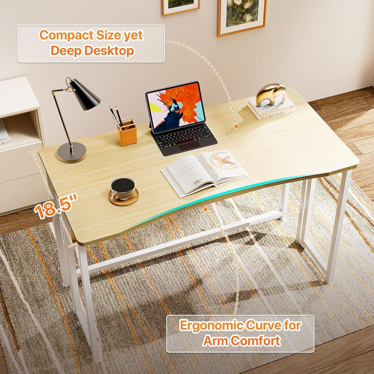 Huuger Folding Desk with Storage Shelf, 39.3 Inch Foldable Computer Table for Small Spaces, Space Saving Sofa Table for Couch, Writing Work Office Computer Desk, Easy to Fold, Oak
