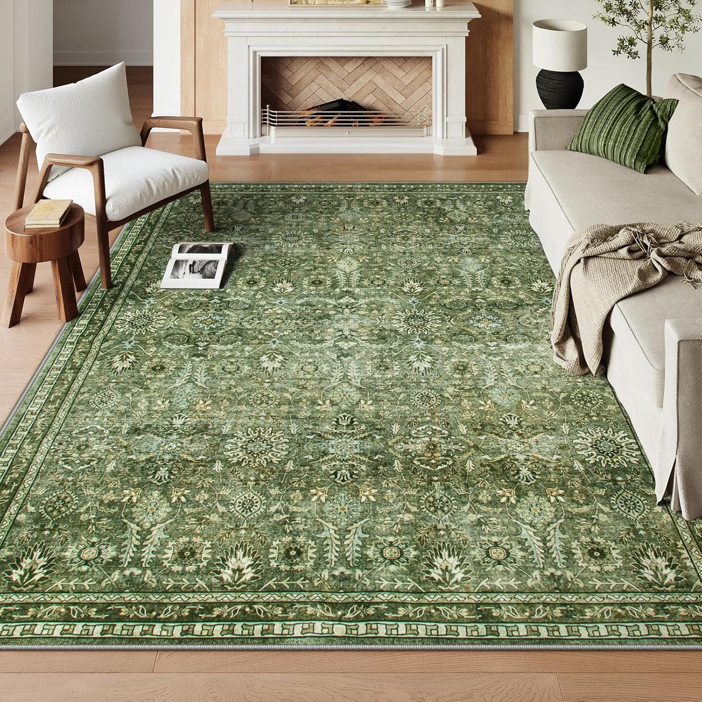 Lahome Green 8x10 Rugs for Living Room, Boho Washable Area Rugs for Bedroom, Rubber Backed Non Slip Floor Carpets for Dining Room Home Apartment, Dark Olive Green