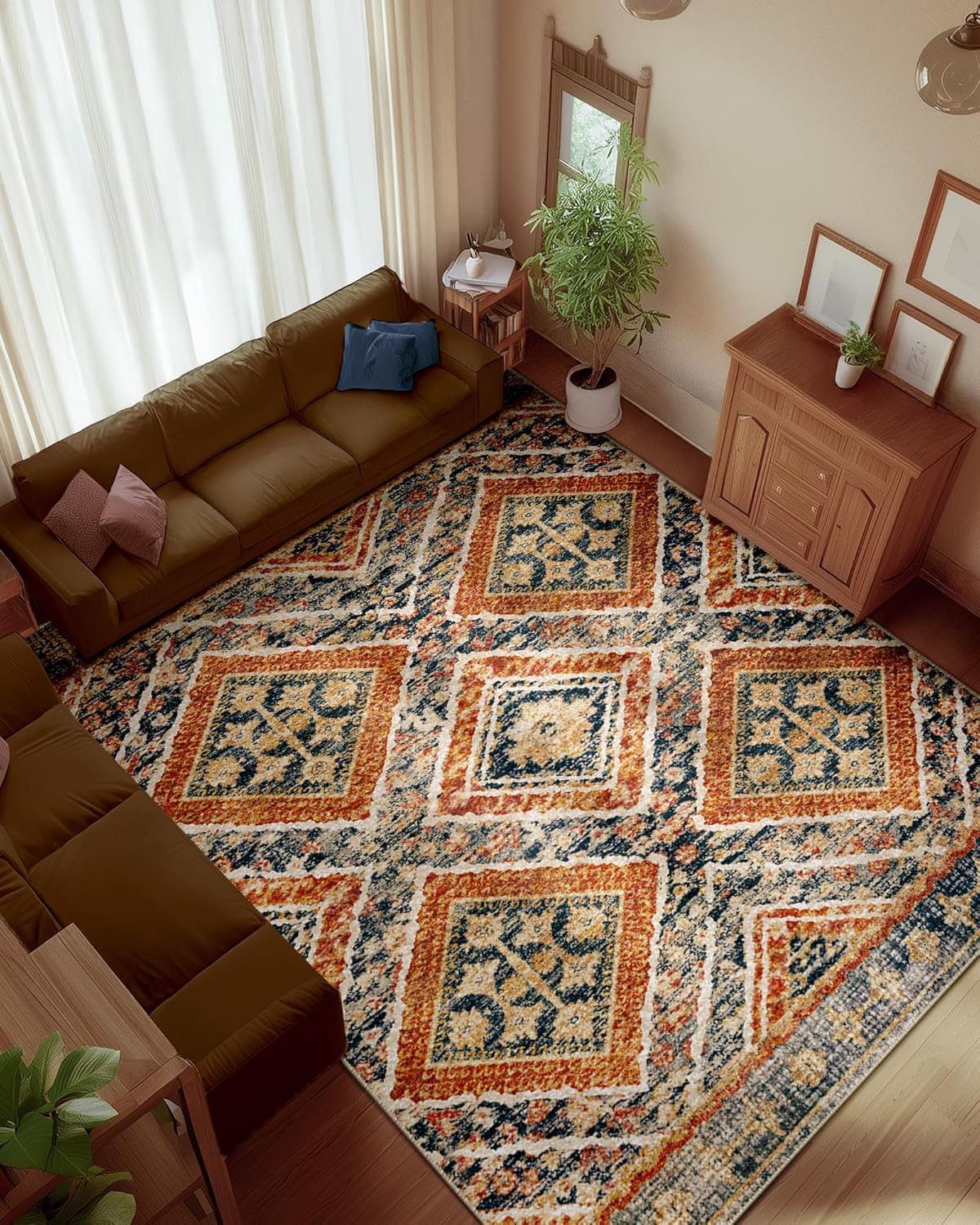 Area Rug 8x10 Rug Machine Washable Non-Slip Low Pile Print Pattern Western Rug for Living Room Bedroom Entryway Tribal Series -Cream/Camel