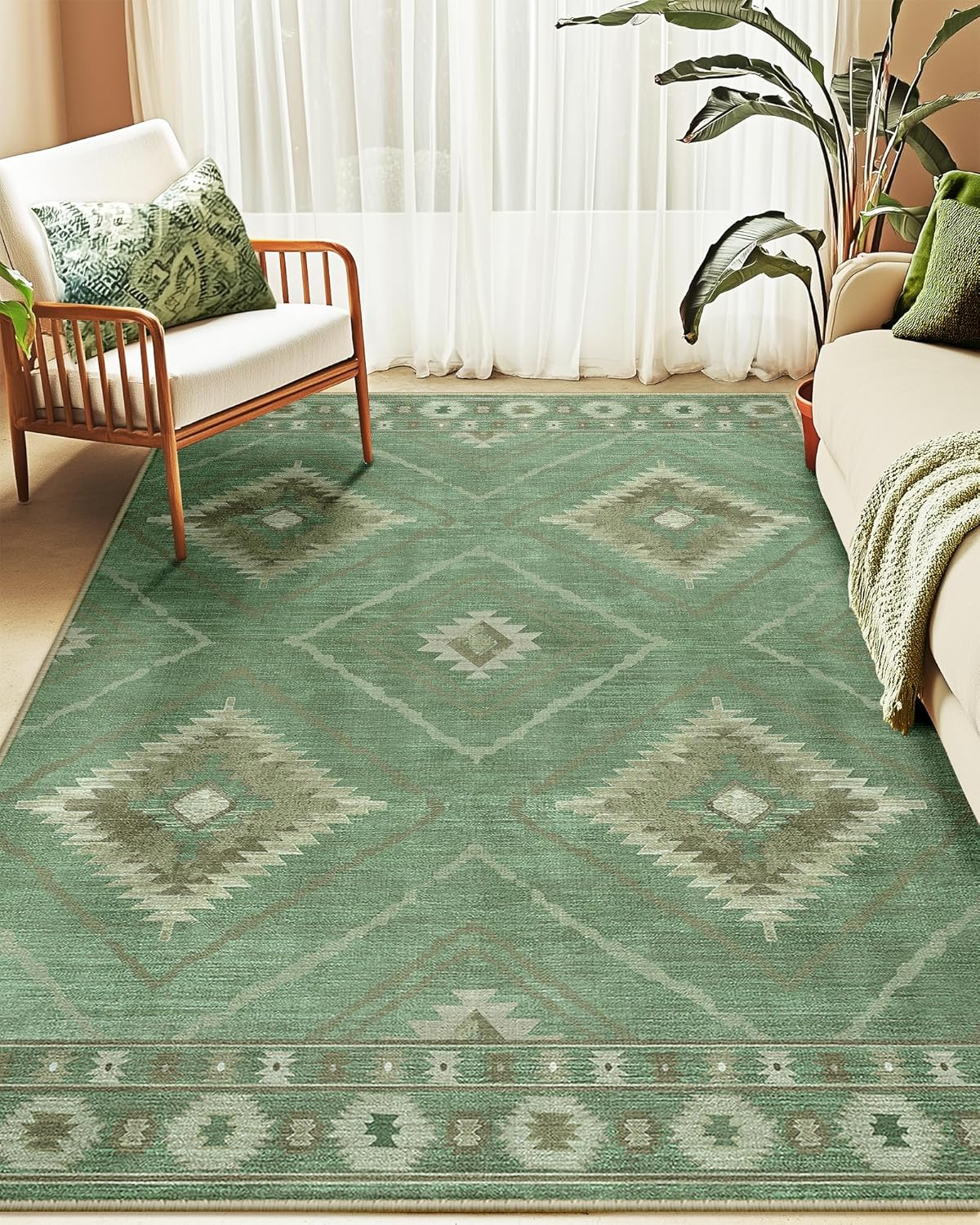 Area Rug 8x10 Rug Machine Washable Non-Slip Low Pile Print Pattern Western Rug for Living Room Bedroom Entryway Tribal Series -Cream/Camel