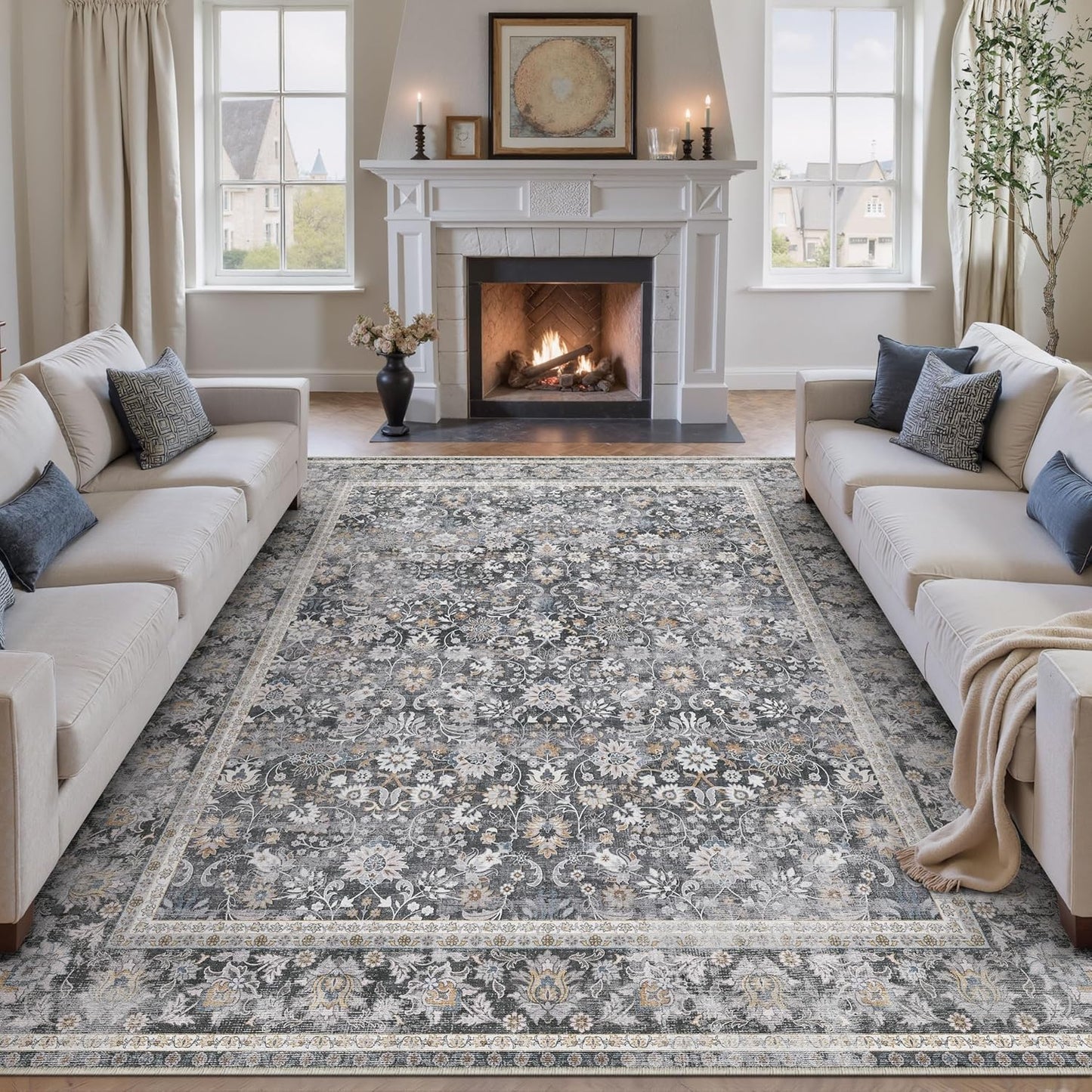 8x10 Machine Washable Rugs Brown Hallway Large Area Rug Indoor Accent Rug Floral Low Pile Carpet Soft Throw Aesthetic Rug Bedroom Living Room Office Dining Room Kitchen Laundry Room
