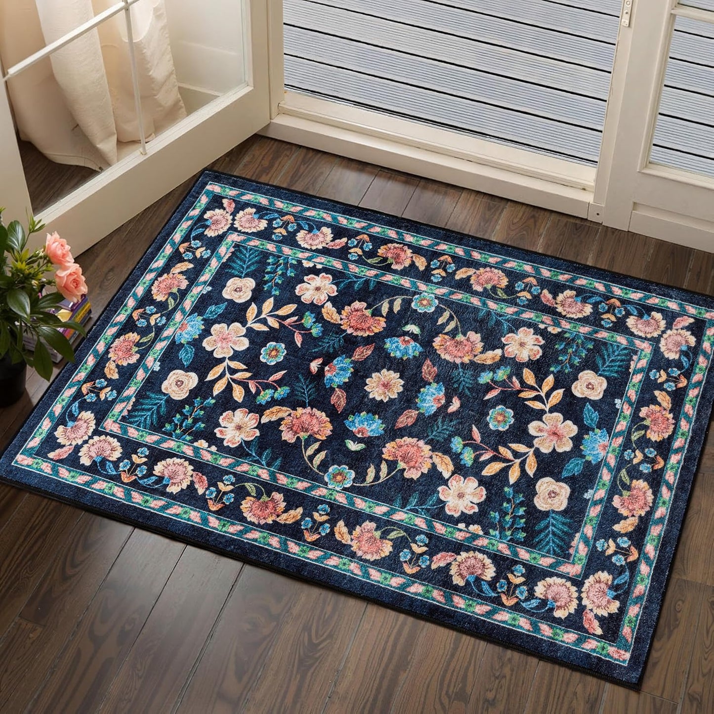 8x10 Machine Washable Rugs Brown Hallway Large Area Rug Indoor Accent Rug Floral Low Pile Carpet Soft Throw Aesthetic Rug Bedroom Living Room Office Dining Room Kitchen Laundry Room