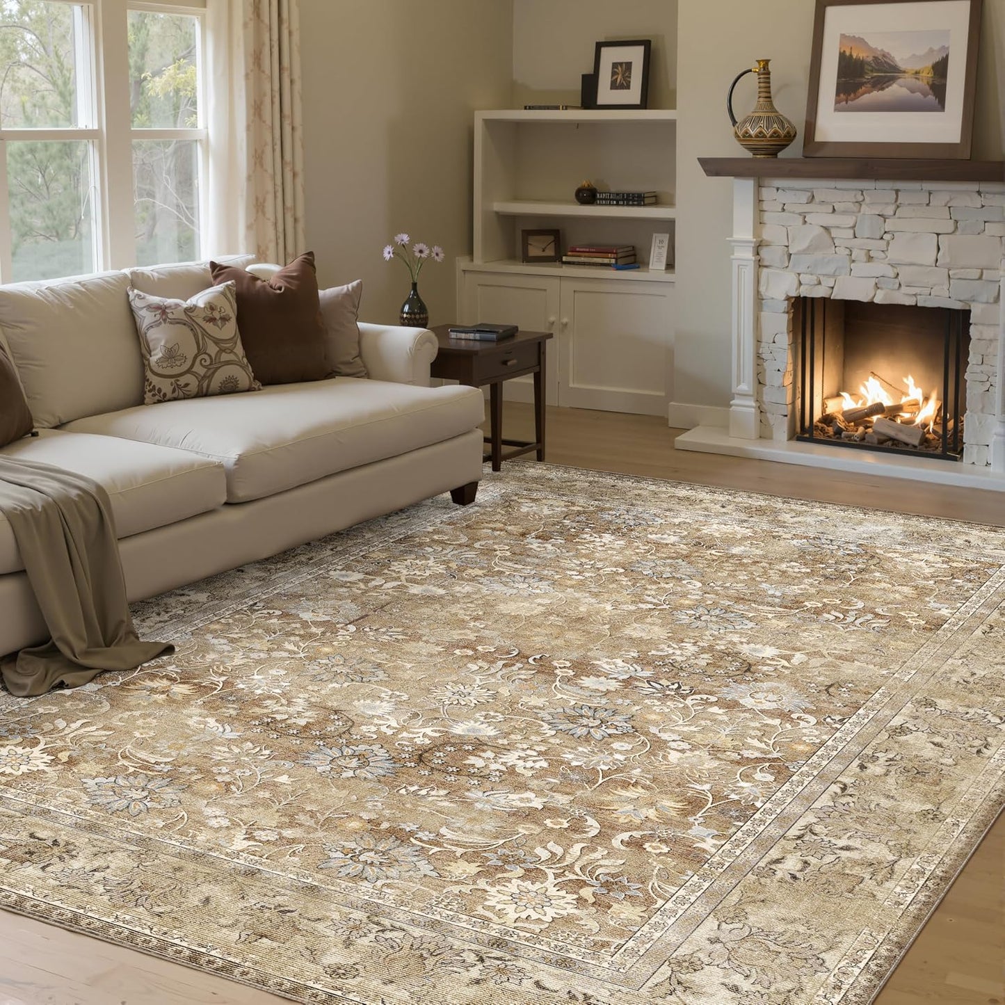 8x10 Machine Washable Rugs Brown Hallway Large Area Rug Indoor Accent Rug Floral Low Pile Carpet Soft Throw Aesthetic Rug Bedroom Living Room Office Dining Room Kitchen Laundry Room