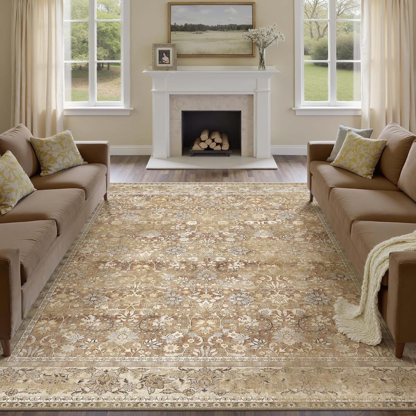 8x10 Machine Washable Rugs Brown Hallway Large Area Rug Indoor Accent Rug Floral Low Pile Carpet Soft Throw Aesthetic Rug Bedroom Living Room Office Dining Room Kitchen Laundry Room