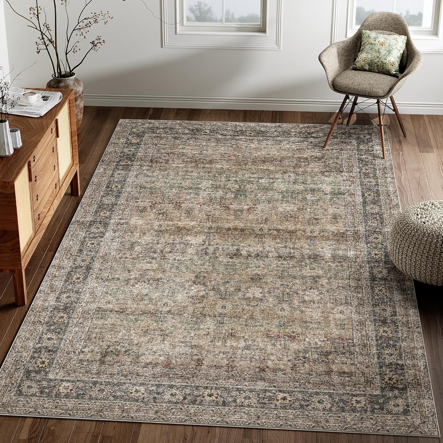 8x10 Machine Washable Rugs Brown Hallway Large Area Rug Indoor Accent Rug Floral Low Pile Carpet Soft Throw Aesthetic Rug Bedroom Living Room Office Dining Room Kitchen Laundry Room