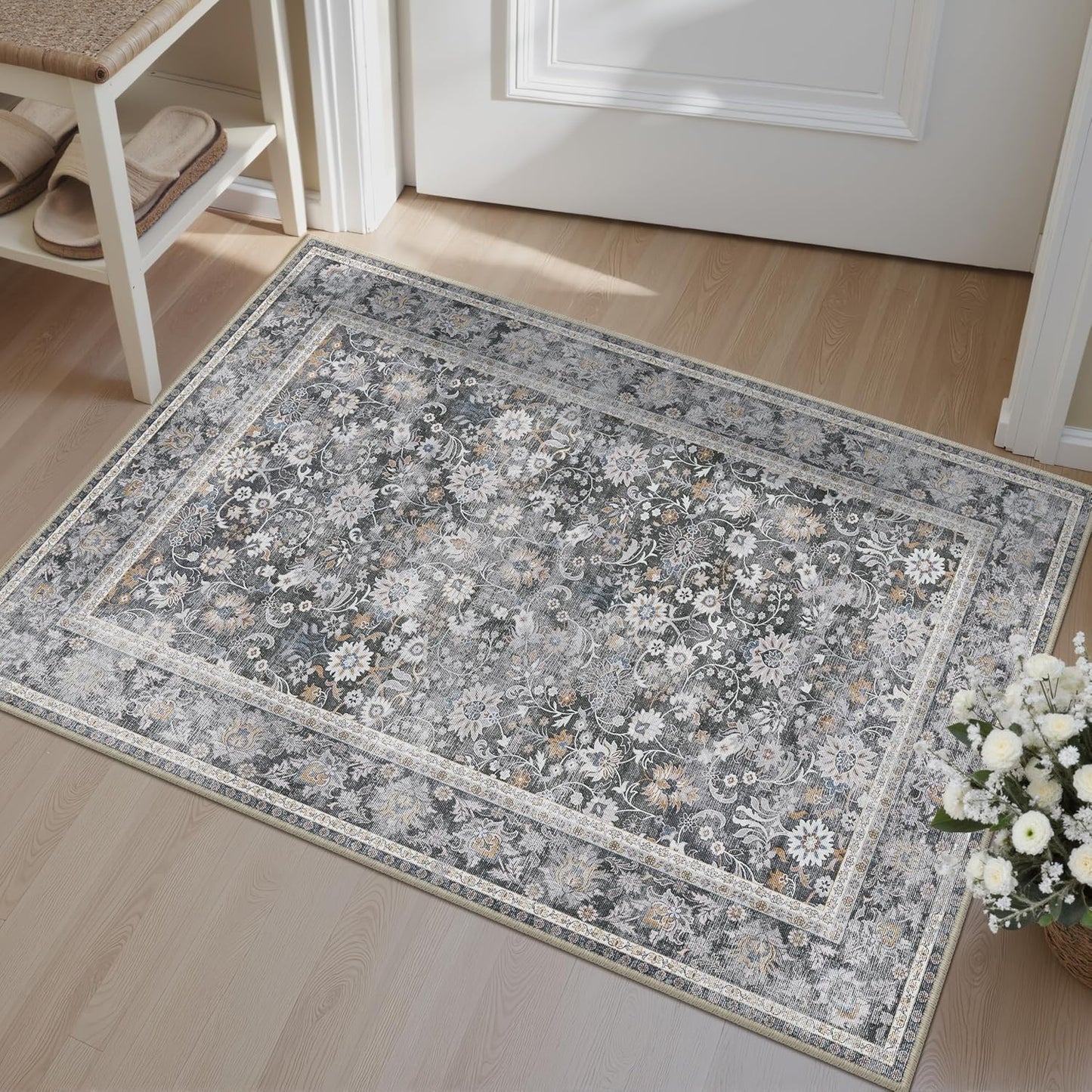 8x10 Machine Washable Rugs Brown Hallway Large Area Rug Indoor Accent Rug Floral Low Pile Carpet Soft Throw Aesthetic Rug Bedroom Living Room Office Dining Room Kitchen Laundry Room