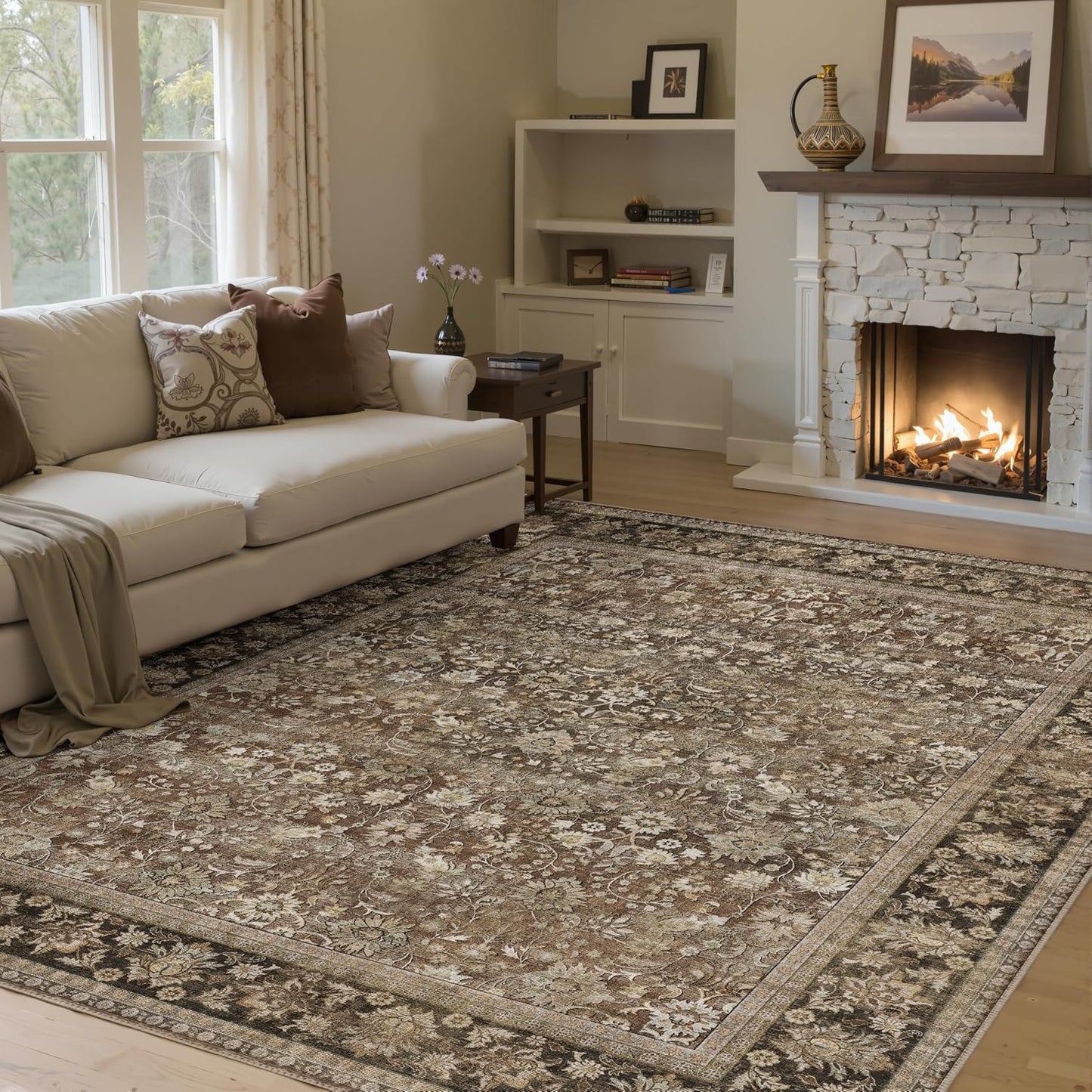8x10 Machine Washable Rugs Brown Hallway Large Area Rug Indoor Accent Rug Floral Low Pile Carpet Soft Throw Aesthetic Rug Bedroom Living Room Office Dining Room Kitchen Laundry Room
