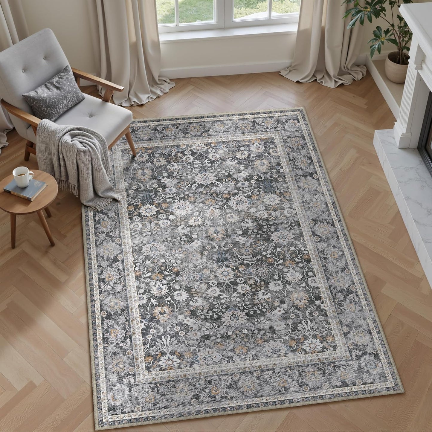 8x10 Machine Washable Rugs Brown Hallway Large Area Rug Indoor Accent Rug Floral Low Pile Carpet Soft Throw Aesthetic Rug Bedroom Living Room Office Dining Room Kitchen Laundry Room