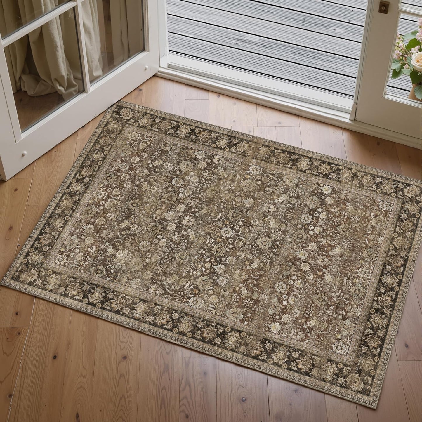 8x10 Machine Washable Rugs Brown Hallway Large Area Rug Indoor Accent Rug Floral Low Pile Carpet Soft Throw Aesthetic Rug Bedroom Living Room Office Dining Room Kitchen Laundry Room