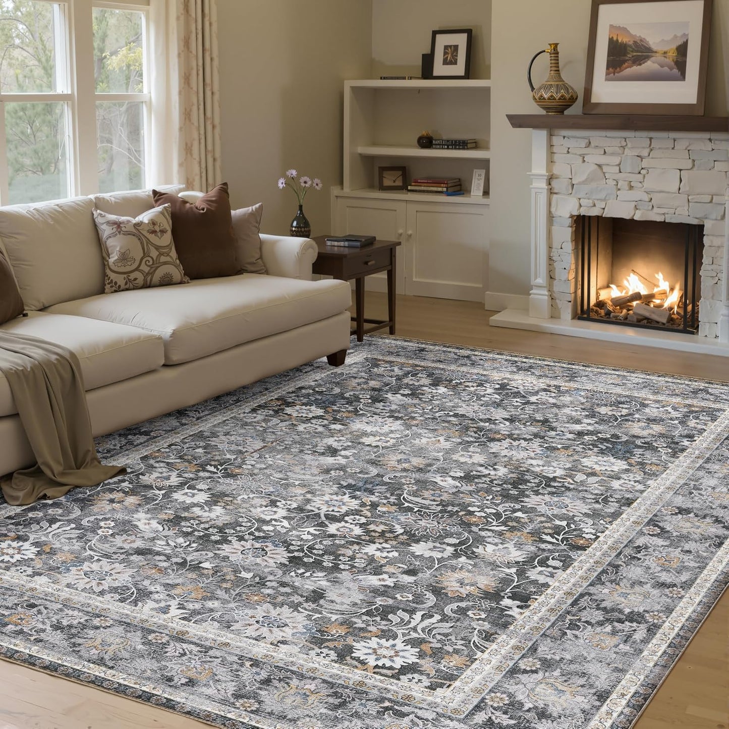 8x10 Machine Washable Rugs Brown Hallway Large Area Rug Indoor Accent Rug Floral Low Pile Carpet Soft Throw Aesthetic Rug Bedroom Living Room Office Dining Room Kitchen Laundry Room